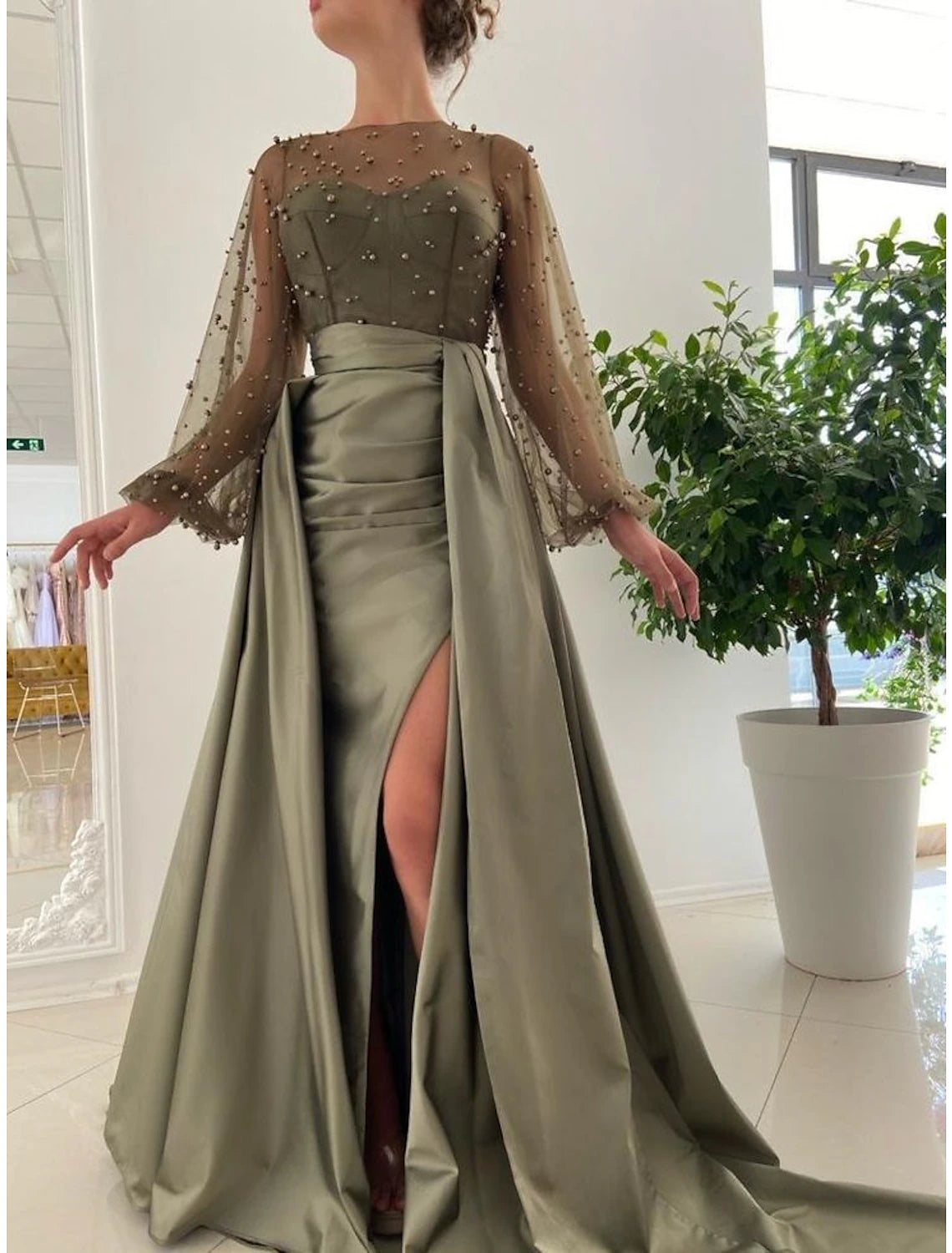 Mermaid / Trumpet Evening Gown Sexy Dress Formal Wedding Guest Court Train Long Sleeve Jewel Neck Charmeuse with Pearls Slit Overskirt